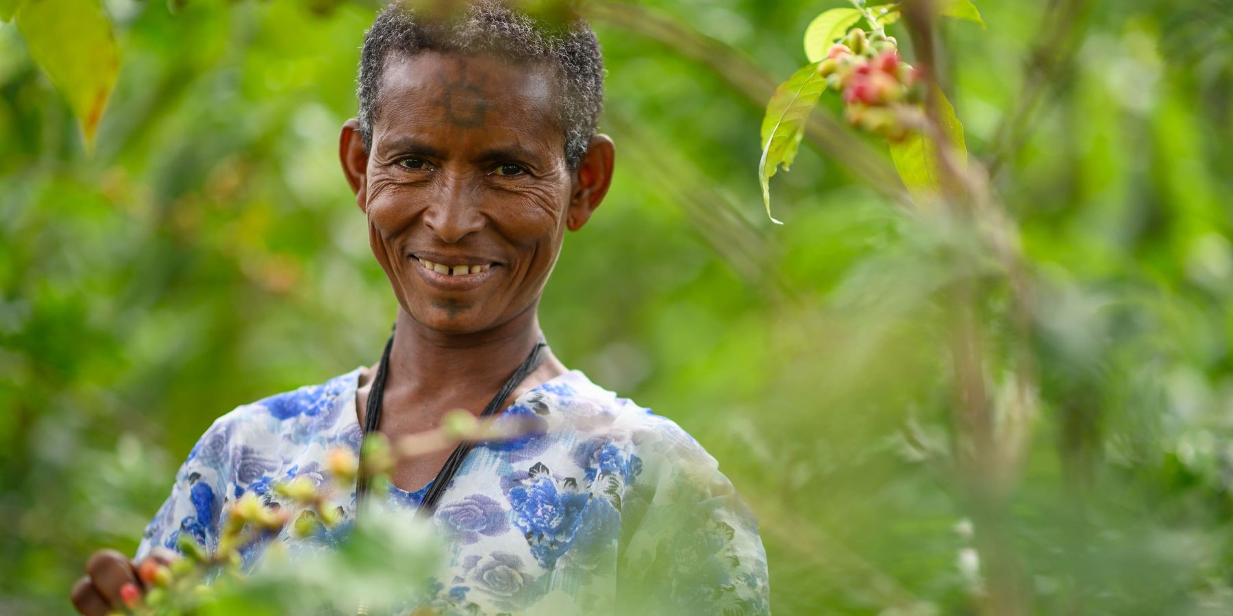 A coffee farmer in Ethiopia poses by one of her coffee bushes