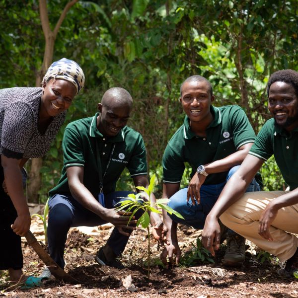 A smallholder farmer and One Acre Fund staff members pose with an avocado seedling