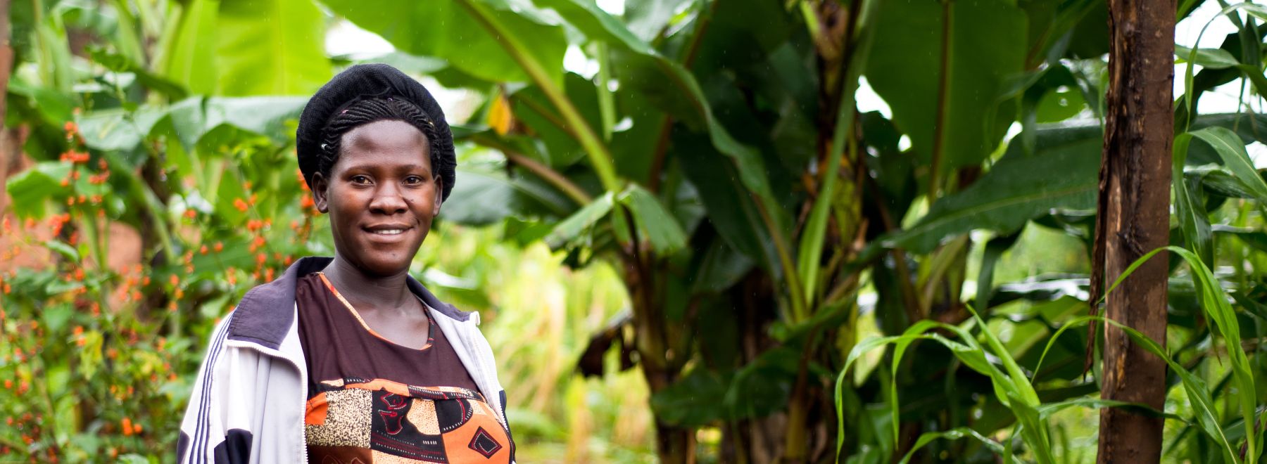 A farmer stands in front of her banana tree in Uganda